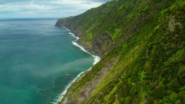 A dynamic pull-in shot of a volcanic black sand beach beneath a lush green cliff, with birds soaring above, showcasing the raw beauty of the coastline and the vibrant contrast of nature.