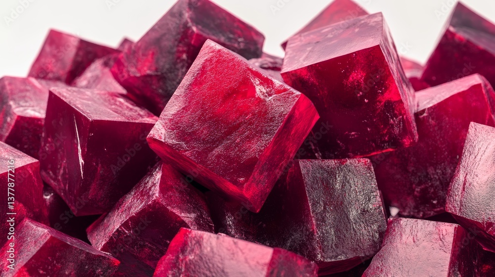 Poster close-up shot of fresh raw beetroot cubes with deep vibrant red color and glossy moist texture