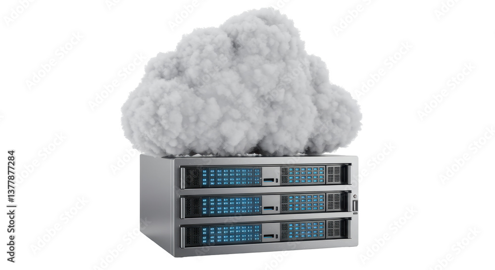 Poster isolated server rack with cloud above