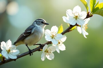 Fototapeta premium Close-up of bird cherry tree branches with white flowers in bloom, spring, cherry