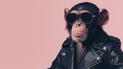 A cool monkey wearing sunglasses and a black leather jacket is looking at the camera with a confident expression.