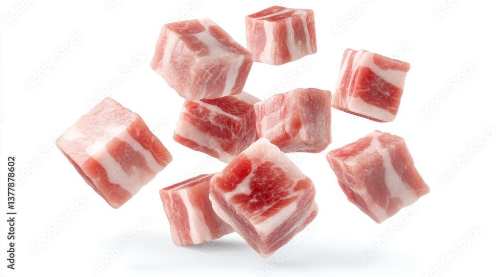 Poster floating cubes of pancetta and bacon showcasing rich marbled texture with distinct layers