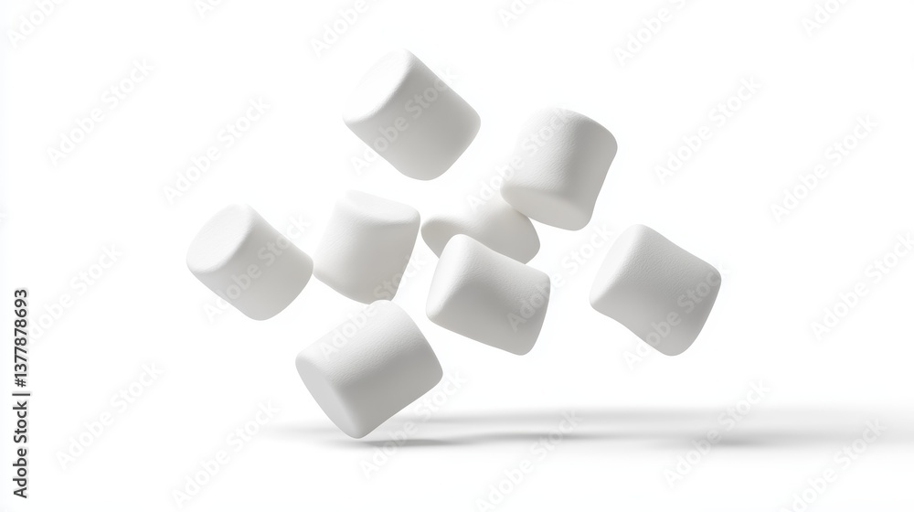 Poster floating white marshmallow shapes isolated on a pristine white background