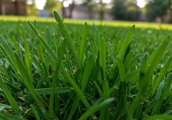 鮮やかな緑 芝生 クローズアップ 夕日柔らかな光