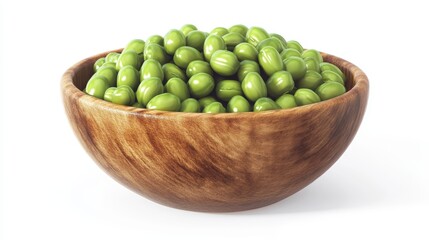 Fresh Green Mung Beans Neatly Arranged in a Rustic Wooden Bowl on a Countryside Table