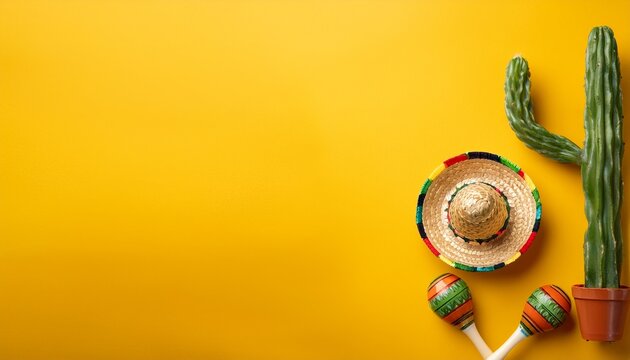 cinco de mayo holiday background made from maracas cactus and hat on yellow background - Powered by Adobe