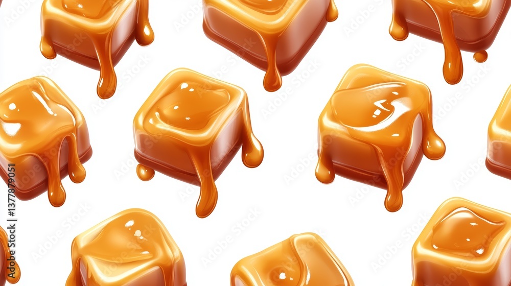 Poster glossy caramel candy cubes with dripping sauce and soft texture closeup