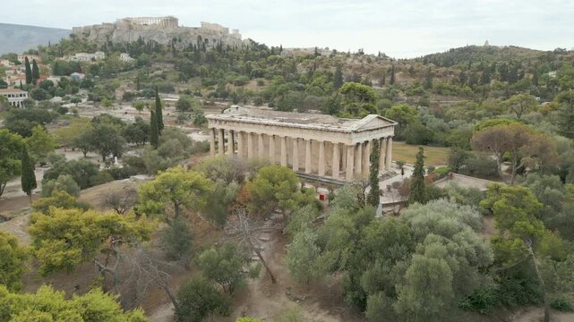 Hephaestus Temple Athens Greece In Beautiful Garden Drone Circling Slowly 4K 60FPS