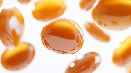 Hyperrealistic depiction of floating caramel candies with smooth glossy golden surfaces