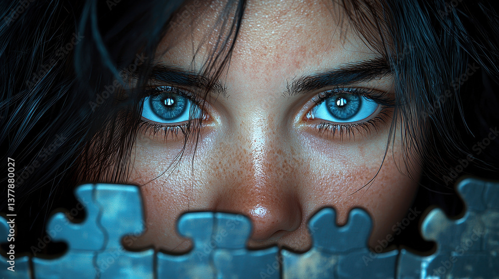 Poster hyperrealistic portrait of a woman with her face transforming into floating puzzle pieces