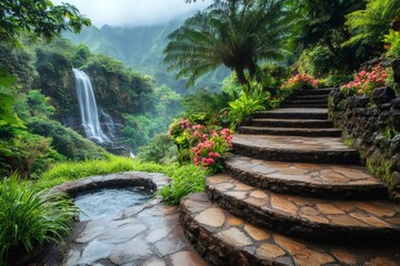 Obraz premium Stone steps leading to tropical waterfall in lush garden paradise