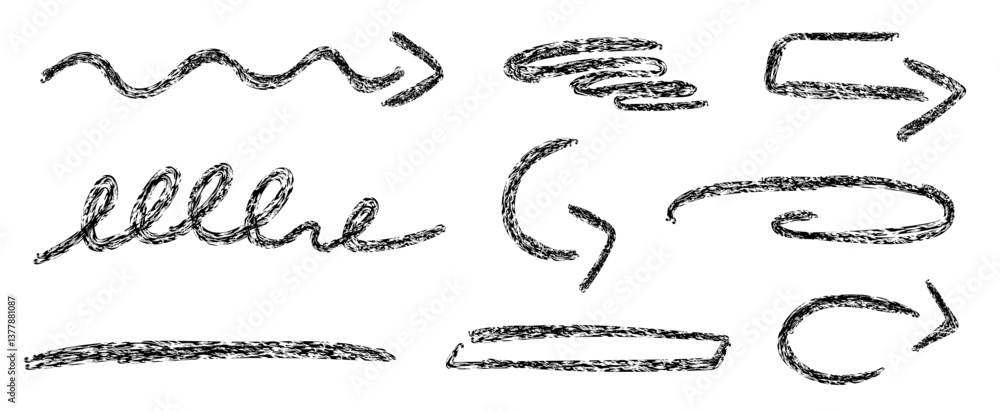 Poster set of abstract lines and arrows drawn with charcoal texture in black color
