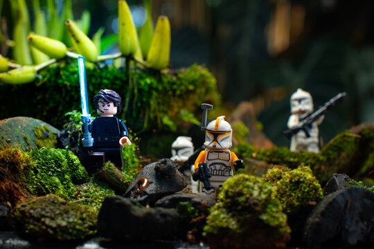 Depok, Indonesia - April 1, 2025: Lego toys photography, Anakin Skywalker leads 1st phase clone troopers in dark forest covered with moss, with bokeh background