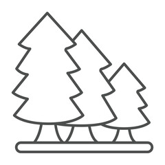 Fototapeta premium Fir trees growth thin line icon, forest industry concept. Vector graphics. Three tree plants, forest plantation sign on white background, outline style icon for mobile or web design.