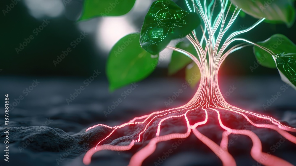 Poster cyberpunk biotech in futuristic biotechnology network concept. a vibrant image of a glowing tree wit