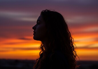 夕焼けシルエット 女性 横顔 静謐な表情 燃えるような空