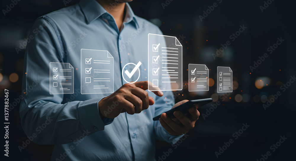 Poster businessman tapping on smartphone interface showing virtual document checklist glowing overlay dark 