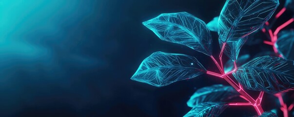 Obraz premium Cyberpunk biotech in futuristic biotechnology network concept. Digital art of glowing leaves in a blue environment.