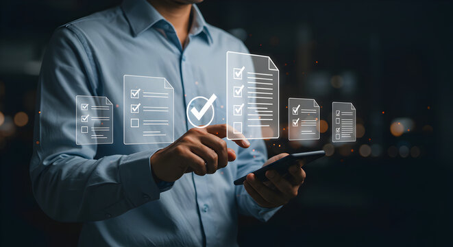 Businessman Tapping on Smartphone Interface Showing Virtual Document Checklist Glowing Overlay Dark Background