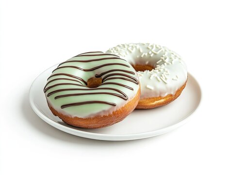 Two glazed donuts, one with mint green icing and chocolate stripes, the other with white icing and sprinkles, on a white plate