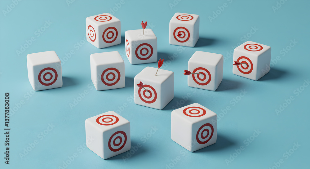 Poster conceptual arrangement of target blocks with arrows on blue background demonstrating precision