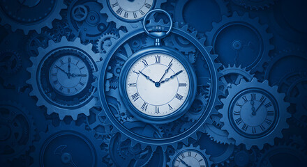Complex Arrangement of Blue Toned Gears and Antique Pocket Watches Time Concept