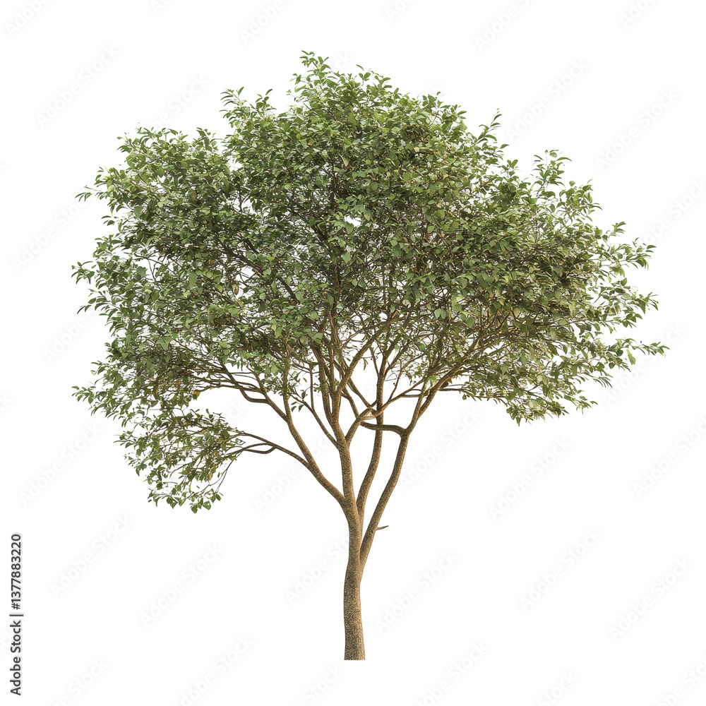 Poster tree with sparse leaves standing alone in a minimalist environment under bright lighting, image a tr