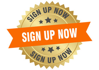 sign up now. sign up now round orange and gold label isolated on transparent background