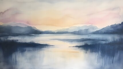 A serene watercolor painting of a lake surrounded by mountains under a pastel colored sky at dusk