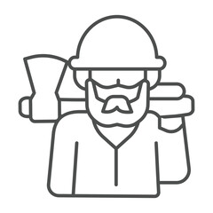 Forester man with beard face and axe thin line icon, forest industry concept. Vector graphics. Wood worker avatar, firewood sign on white background, outline style icon for mobile or web design.