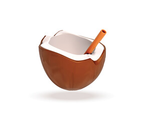 Coconut with Straw 3d icon. Coconut Drink with Straw isolated vector 3d illustration.