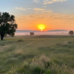 Fototapeta premium Serene Sunrise Over Foggy Grassland Landscape