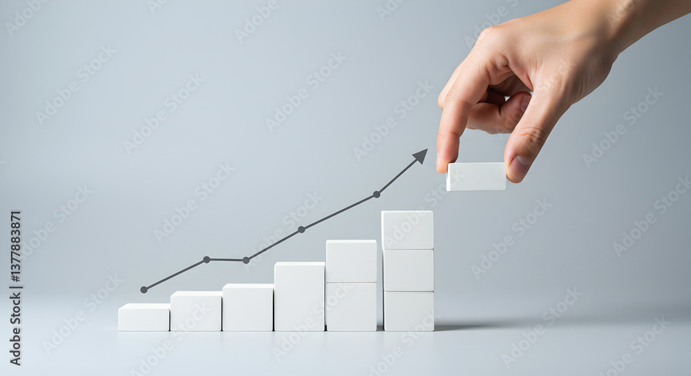 Poster hand arranges white blocks in ascending order representing business growth with rising arrow on ligh