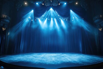 Bright stage lights illuminating blue velvet curtains in grand theater