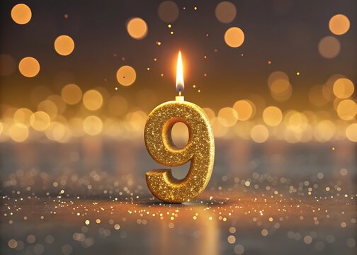 A shimmering gold number nine candle burns brightly, celebrating a milestone birthday amidst a warm, festive glow of golden bokeh lights.