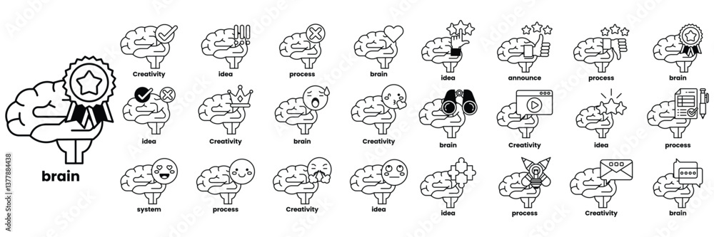 Poster set of illustrations in the concept of brain and things in line art style