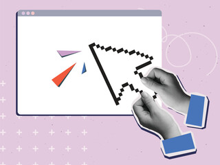 Black and white hand holding a pixel cursor pointing to browser window. Modern collage style. Vector illustration
