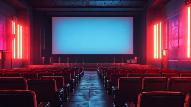 Serene movie theater interior showcasing empty red seats and a large blank screen illuminated by atmospheric neon lighting creating a cinematic mood