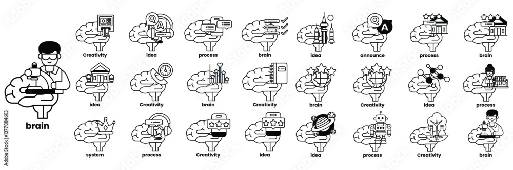 Poster set of illustrations in the concept of brain and things in line art style