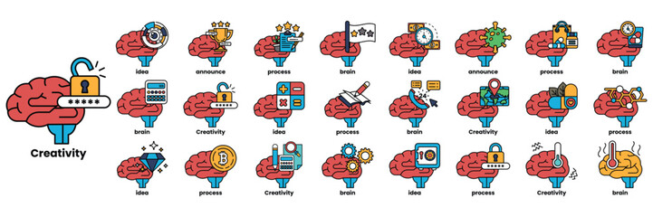 Set of illustrations in the concept of brain and things in line art style