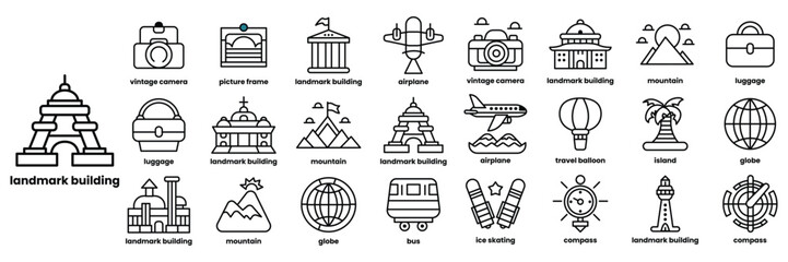 Set of illustrations in the concept of travel in line drawing style
