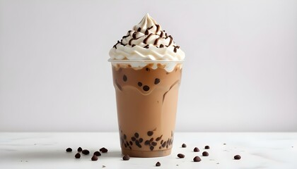 A studio shot of a plastic cup filled with iced coffee, topped with whipped cream and chocolate chips, set against a plain white background