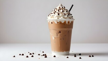 A studio shot of a plastic cup filled with iced coffee, topped with whipped cream and chocolate chips, set against a plain white background