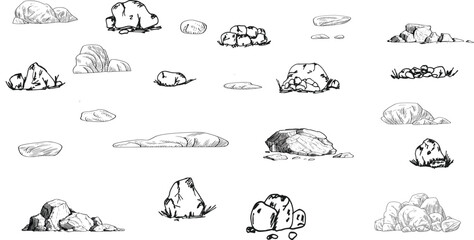 Minimal sketch style cad tree stone line drawing, Side view, set of graphics trees elements outline