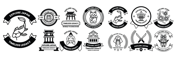 set of illustrations in the concept of Japanese culture in a line drawing style