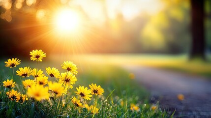 Obraz premium Golden hour sunset peace over tranquil meadow with misty silhouette concept. Vibrant yellow flowers blooming in a sunlit grassy field.