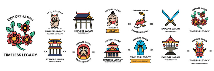 set of illustrations in the concept of Japanese culture in a line drawing style