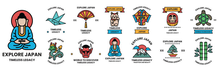 set of illustrations in the concept of Japanese culture in a line drawing style