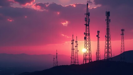 Sunset skies illuminate communication towers against striking pink clouds