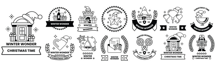 Set of illustrations in the concept of snow and Christmas in line drawing style